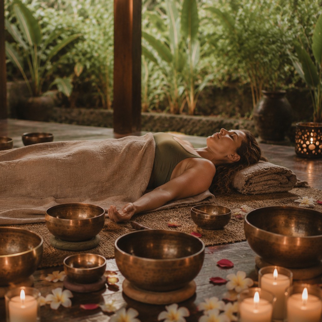 Woman resting on a mat surrounded by bronze Balinese singing bowls and candlelight