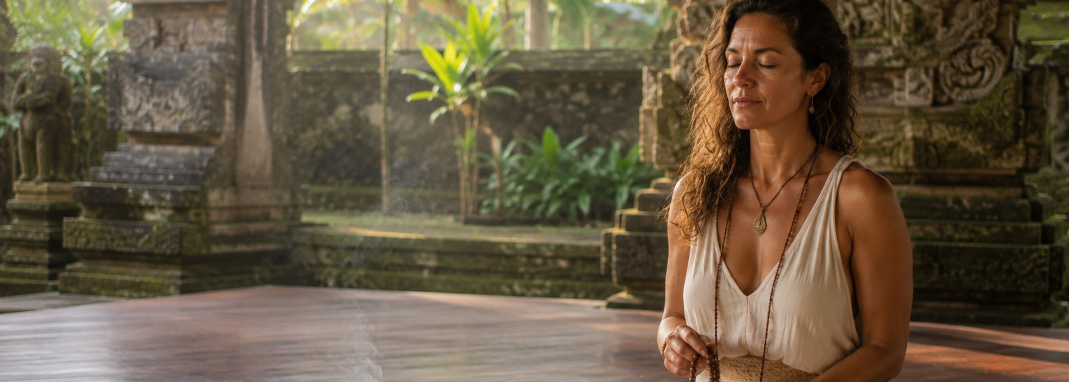A woman seated in meditation with mala beads beside Balinese temple stonework