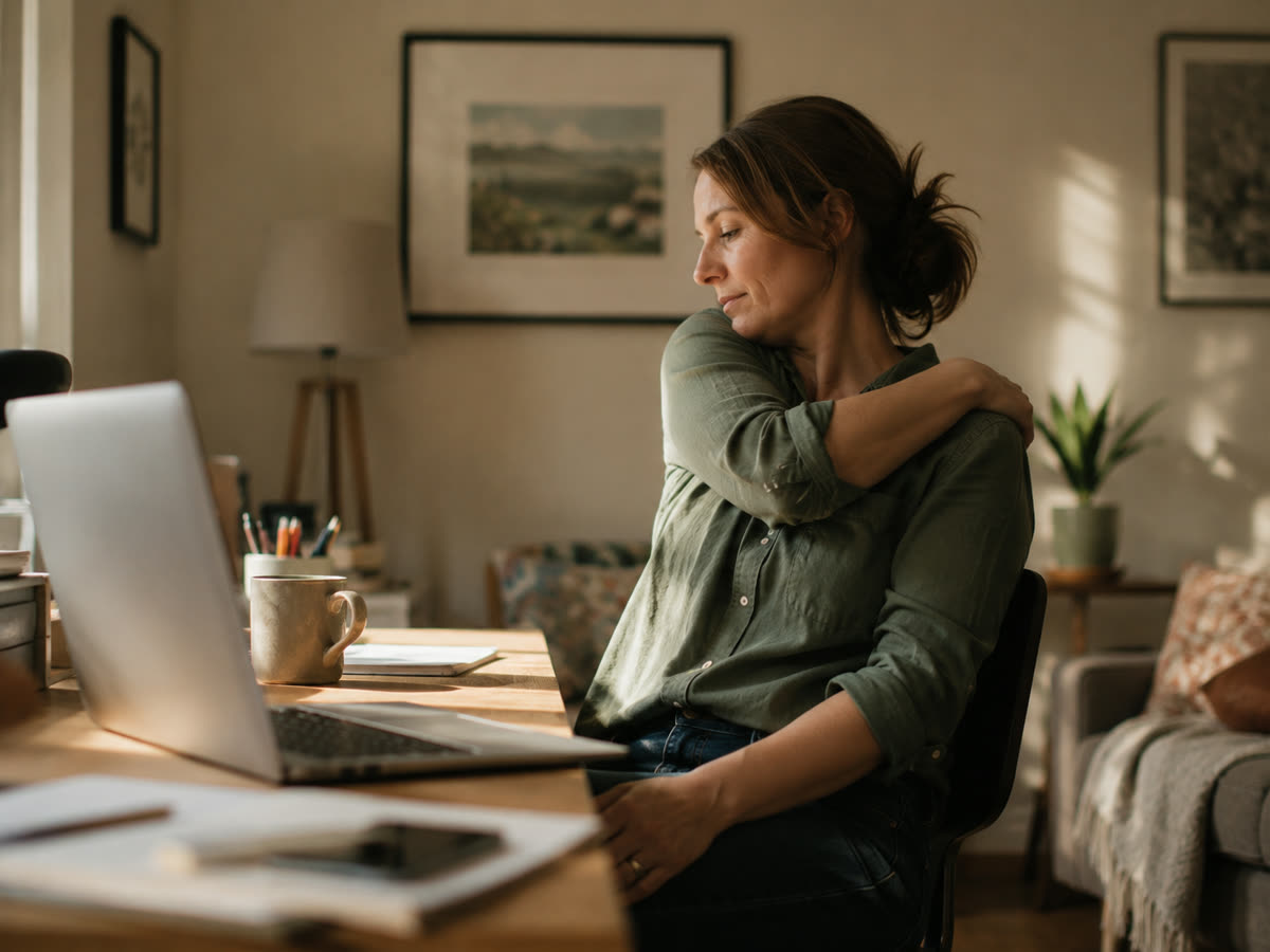 A woman at a home-office desk leaning back from her laptop to roll one shoulder