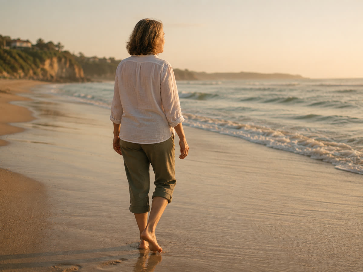 A woman walking barefoot along the shoreline at sunset, unhurried