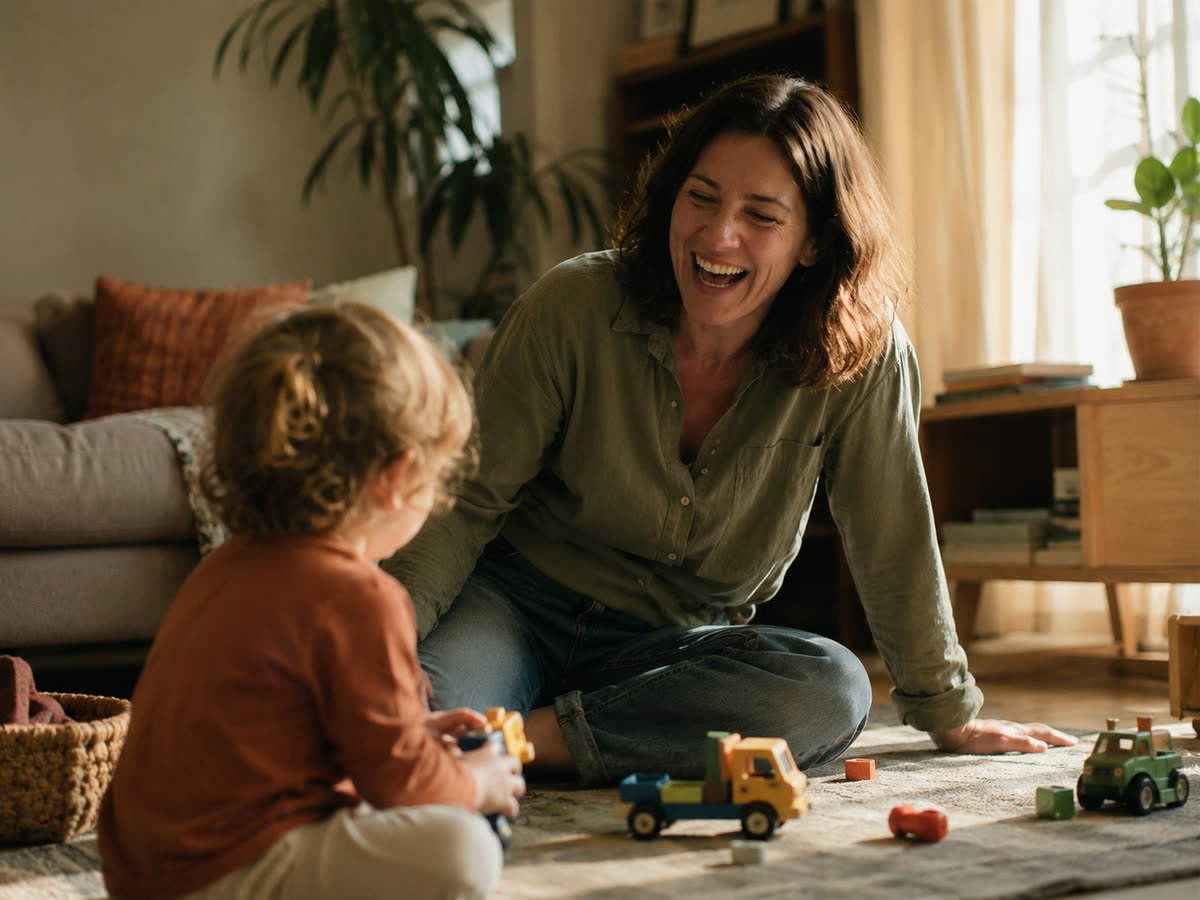 A woman sitting on a living-room rug, laughing while playing with her young child