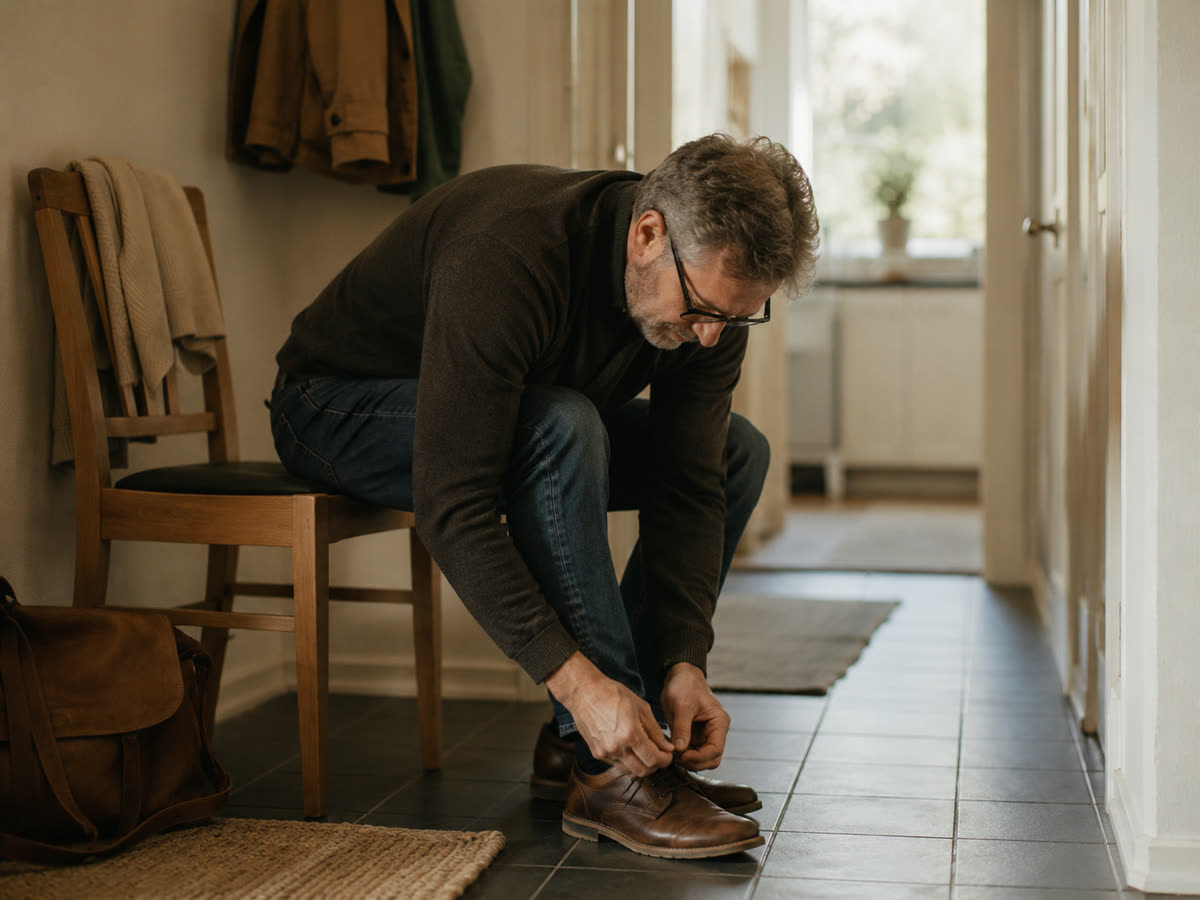A man in his fifties bending forward on a hallway chair to tie his shoelaces